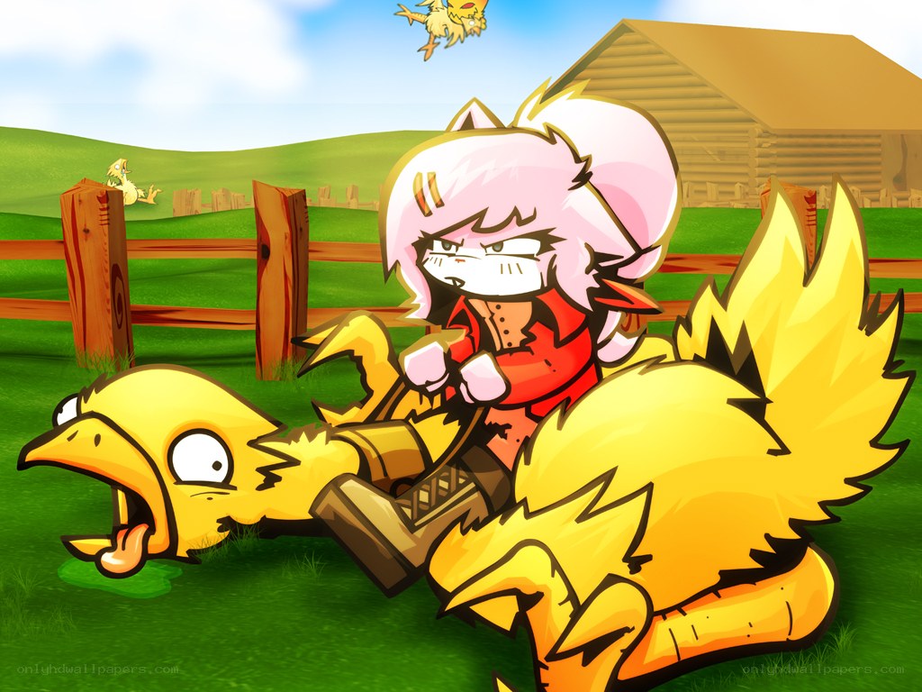 Pink-haired character on chicken