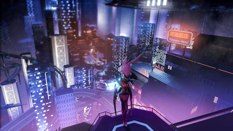 Pink-haired Character on Rooftop