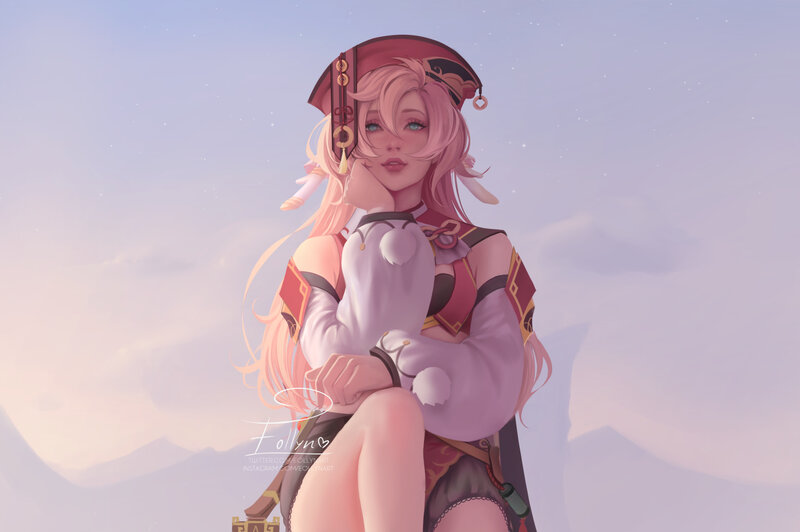 Pink-haired Character Sitting — Pink