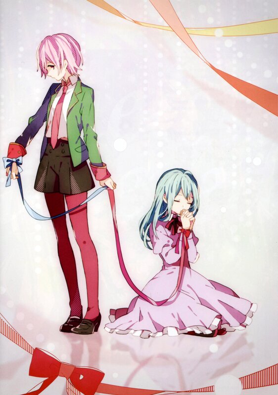 Pink-haired character with a girl