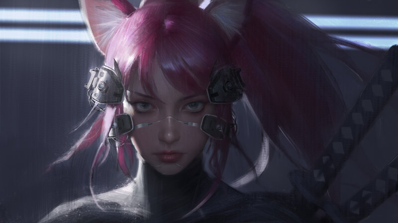Pink-haired Character with Cat Ears — Purple