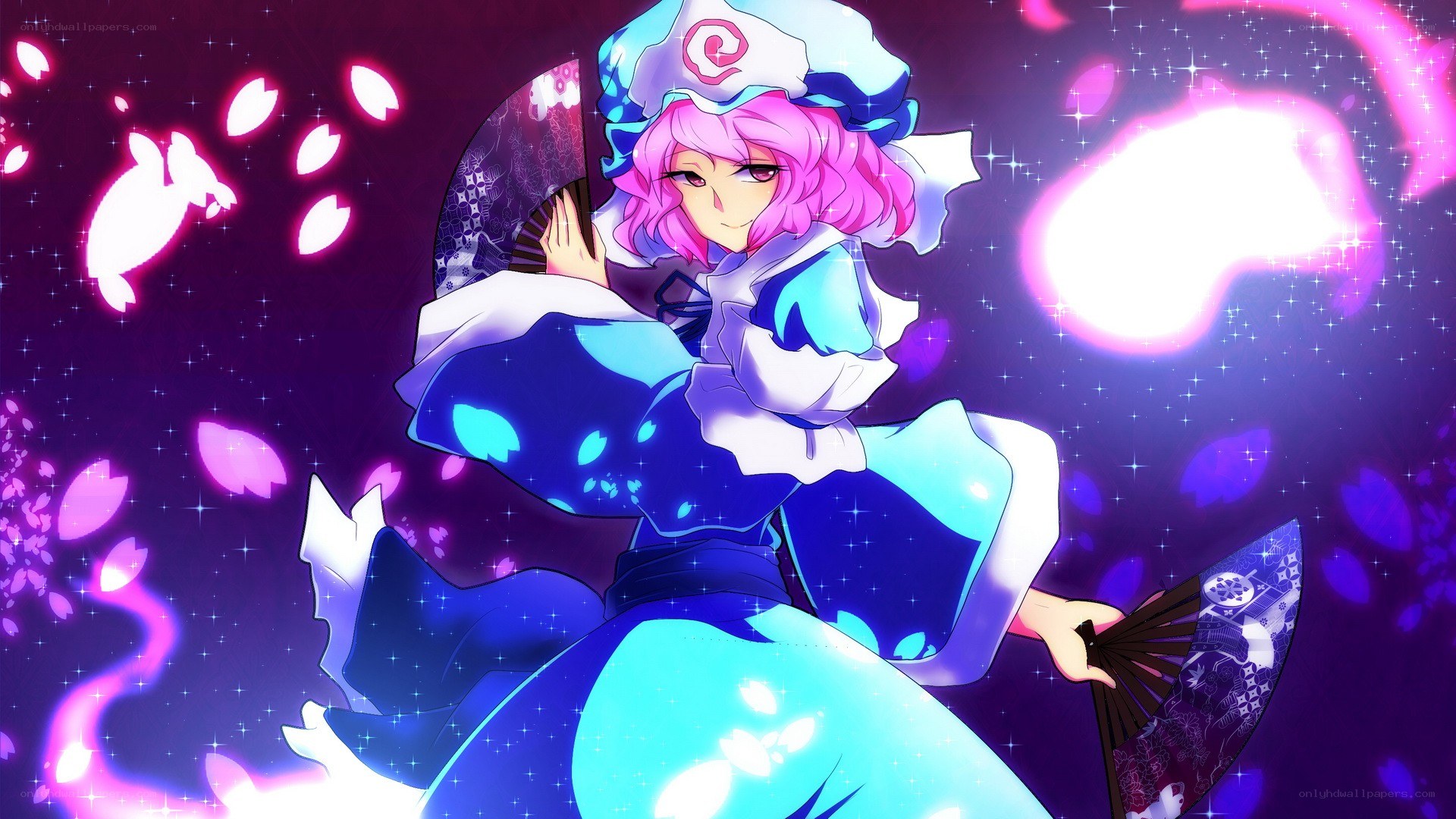 pink-haired character with fans