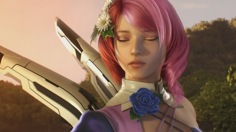 pink-haired character with flower