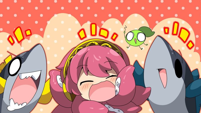 Pink-haired character with sharks