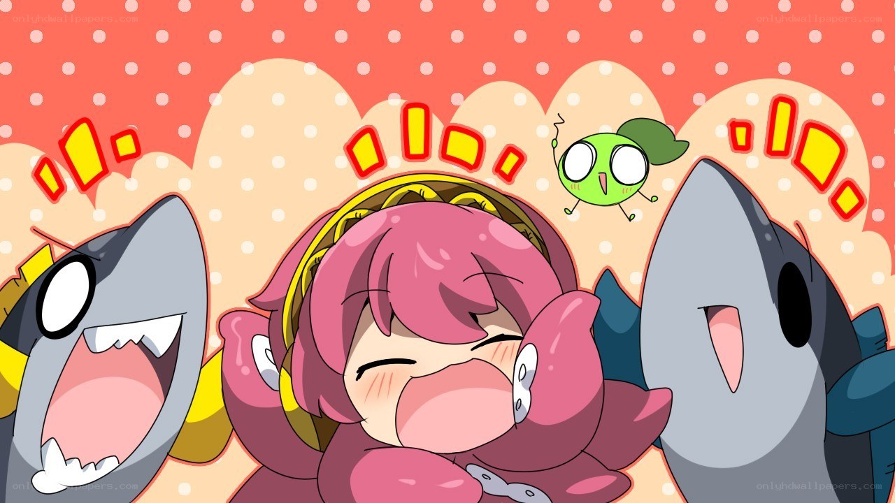 Pink-haired character with sharks
