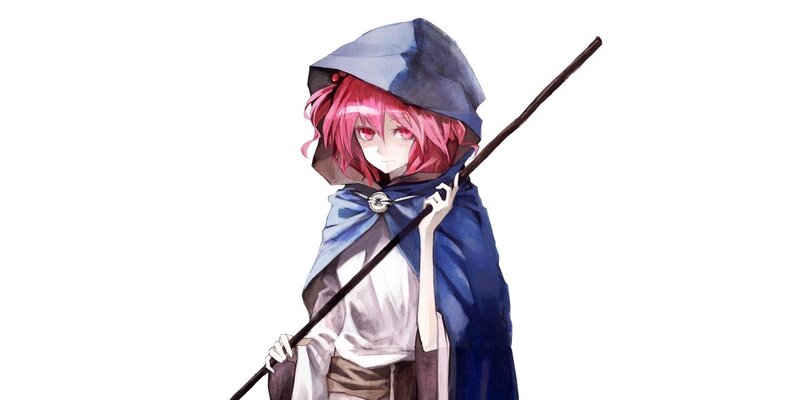pink-haired character with staff
