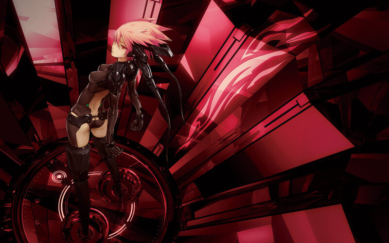 pink-haired cyborg in red chamber
