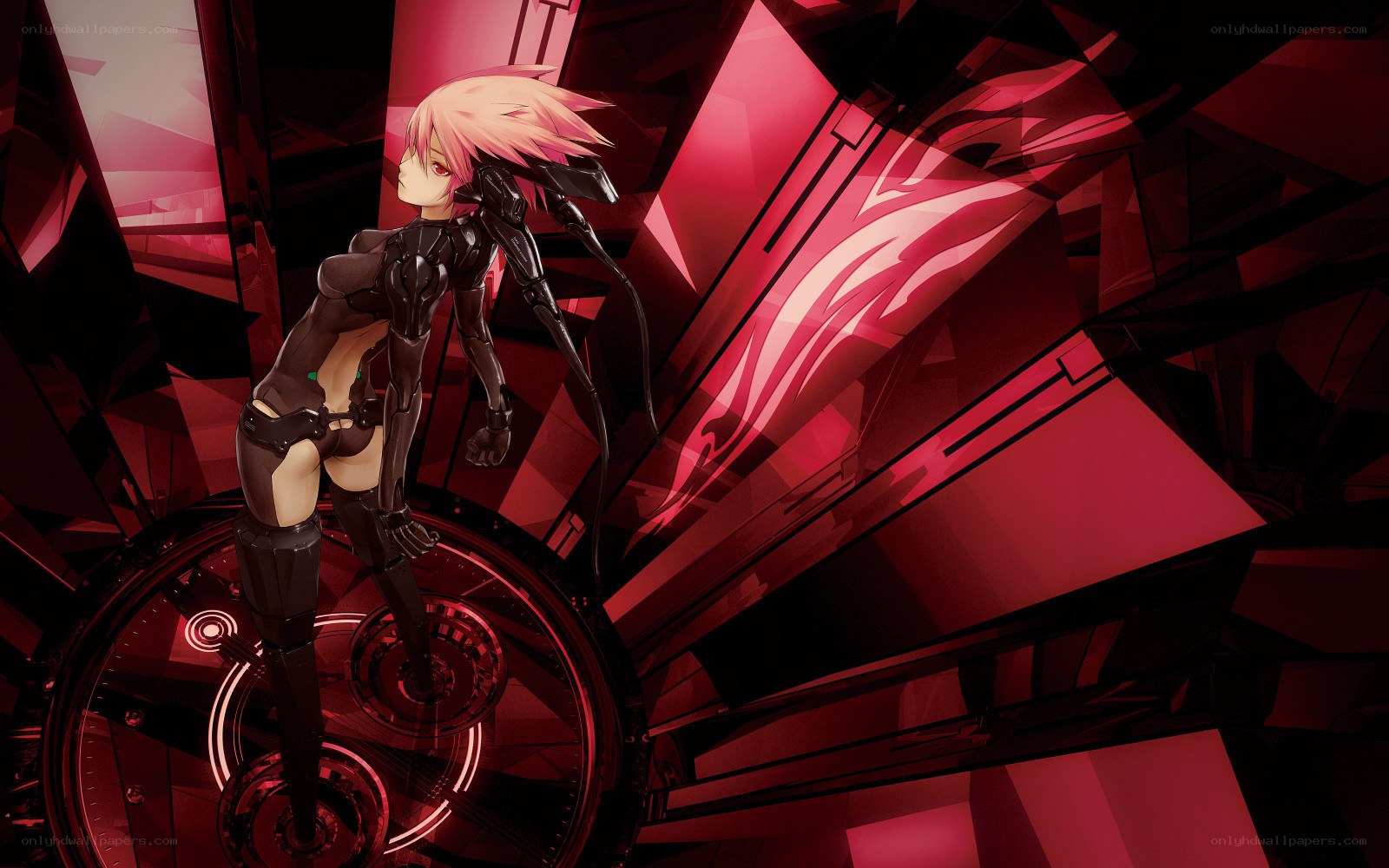 pink-haired cyborg in red chamber
