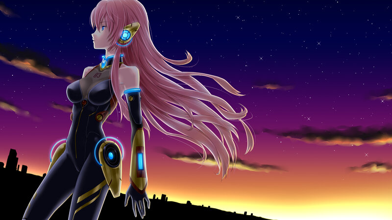 pink-haired cyborg in sunset