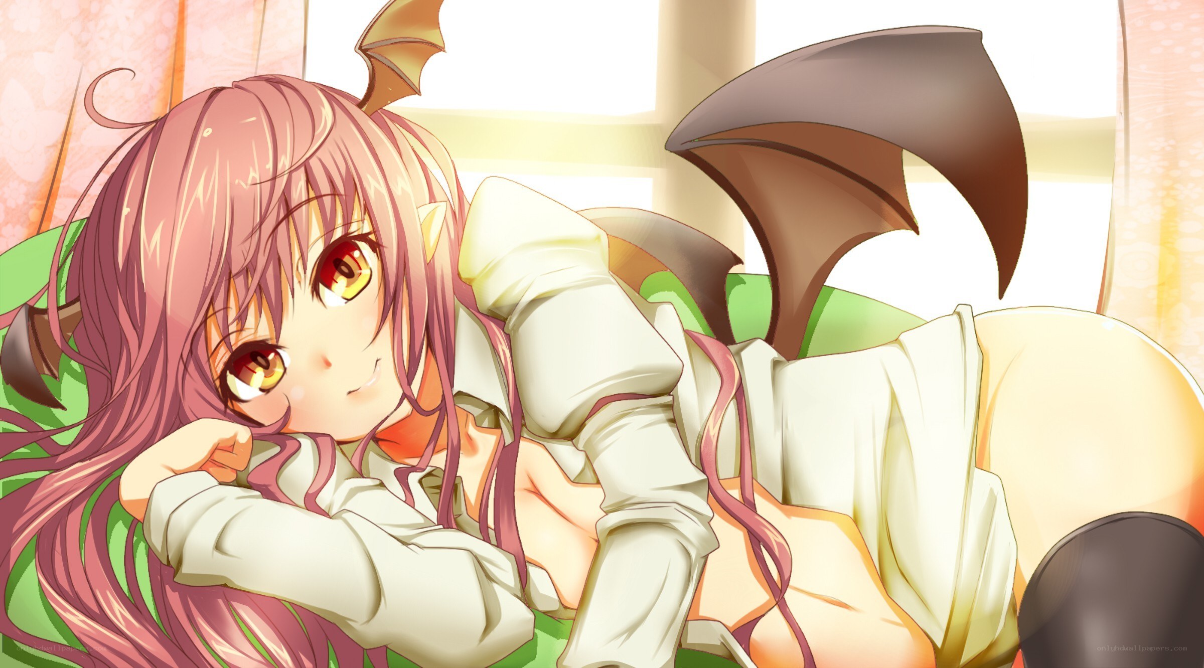 pink-haired demon girl resting