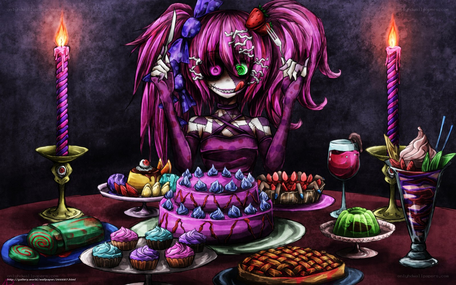 Pink-haired doll with desserts