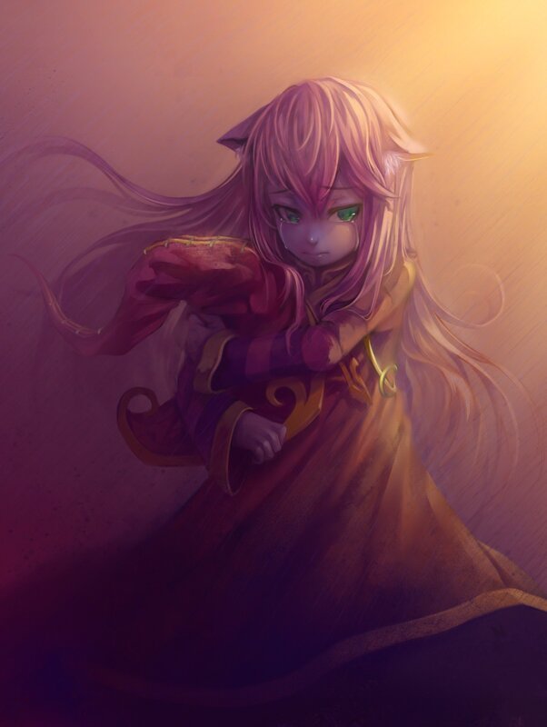 pink-haired elf girl in red robe