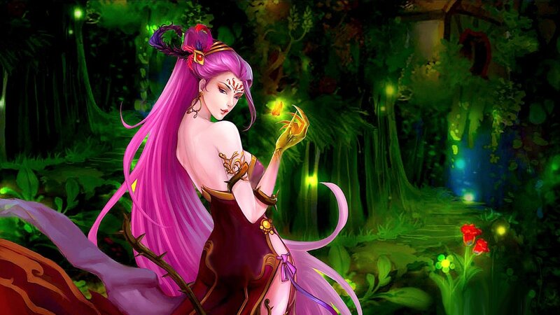 pink-haired fantasy woman in forest