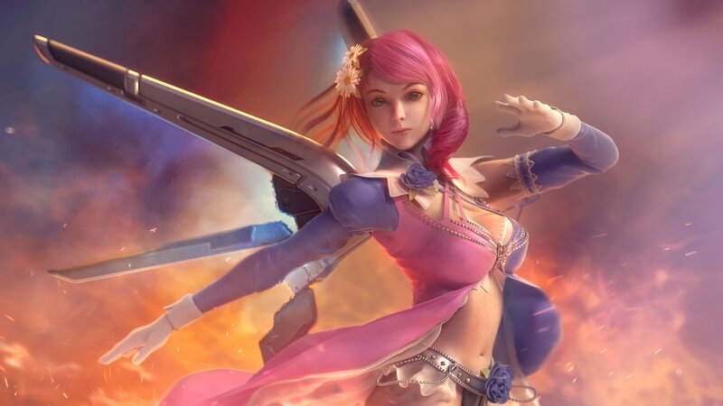 Pink-haired Female Warrior — Pink, Dramatic, Sunset, Digital Art
