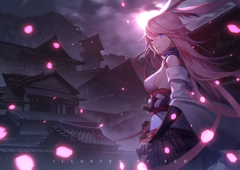 Pink-haired Female Warrior — Purple, Dramatic, Night