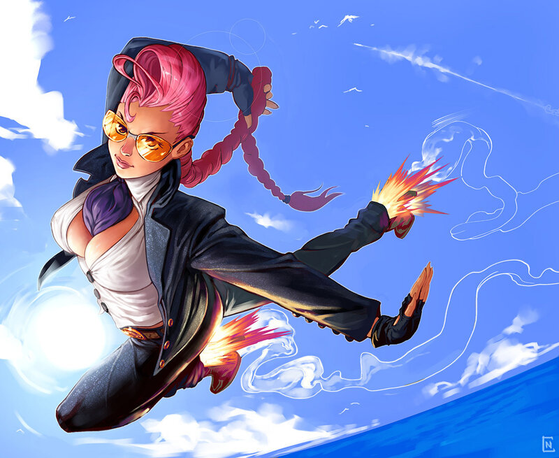 pink-haired fighter in flight