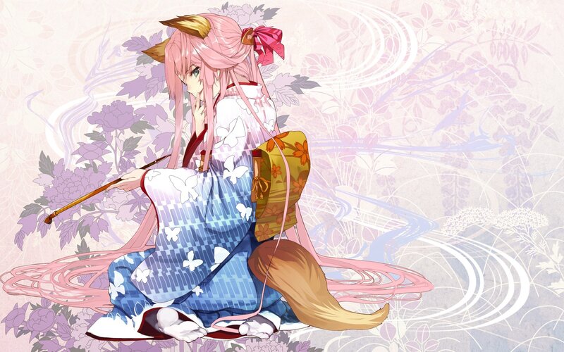 pink-haired fox girl in kimono