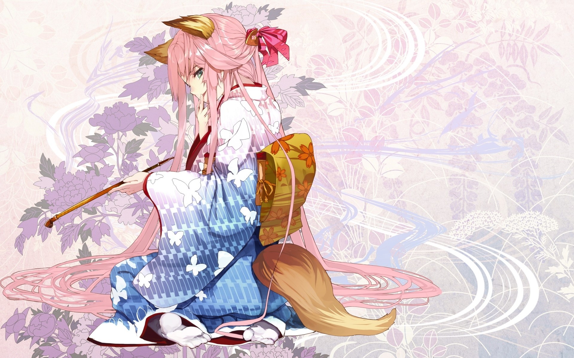 pink-haired fox girl in kimono