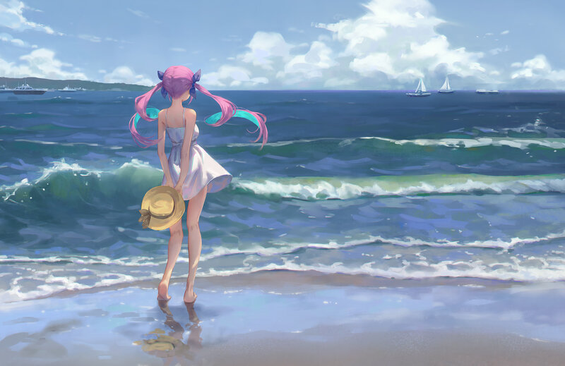 Pink-haired Girl at Beach — Blue
