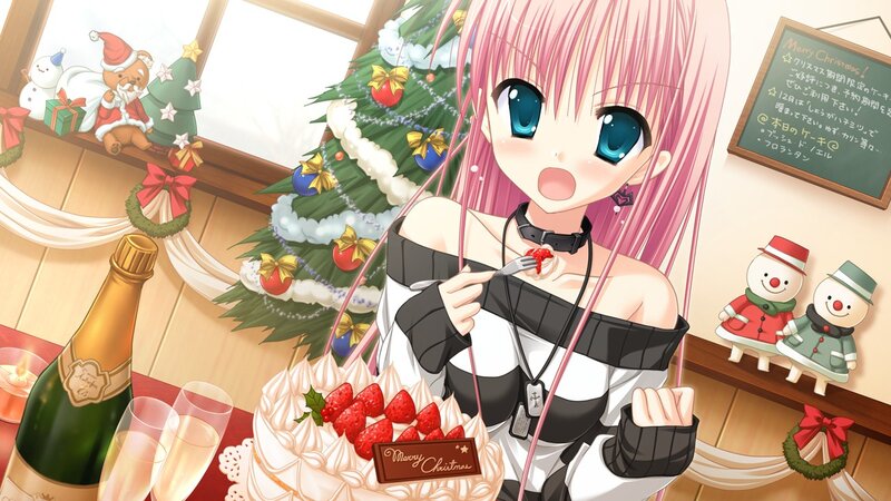 Pink-haired girl at Christmas party