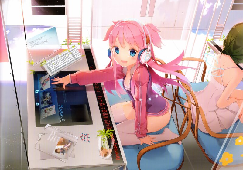 Pink-haired Girl at Computer — Pink