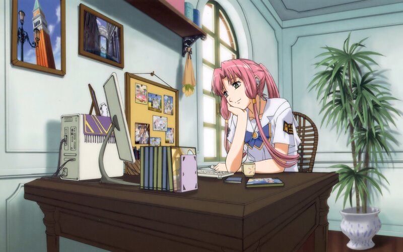 Pink-haired Girl at Desk — Pink, Calm, Afternoon, Anime, Computer