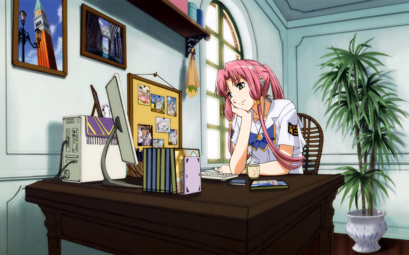 Pink-haired Girl at Desk — Pink, Calm, Afternoon