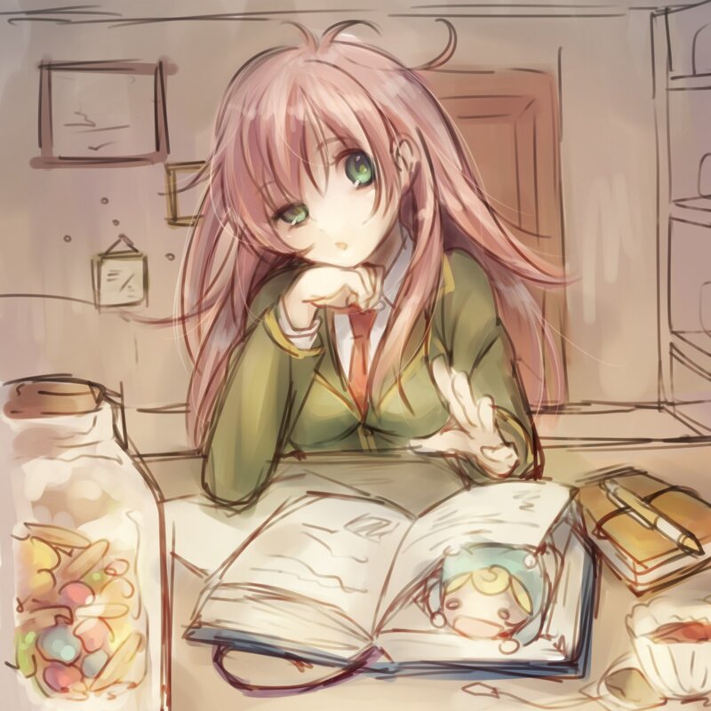 Pink-haired Girl at Desk — Pink, Calm, Anime, Book