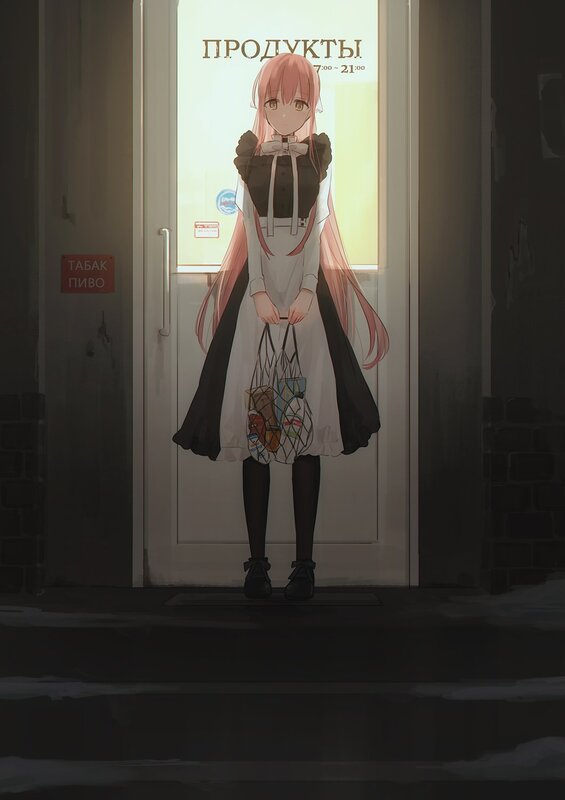 Pink-haired Girl at Door