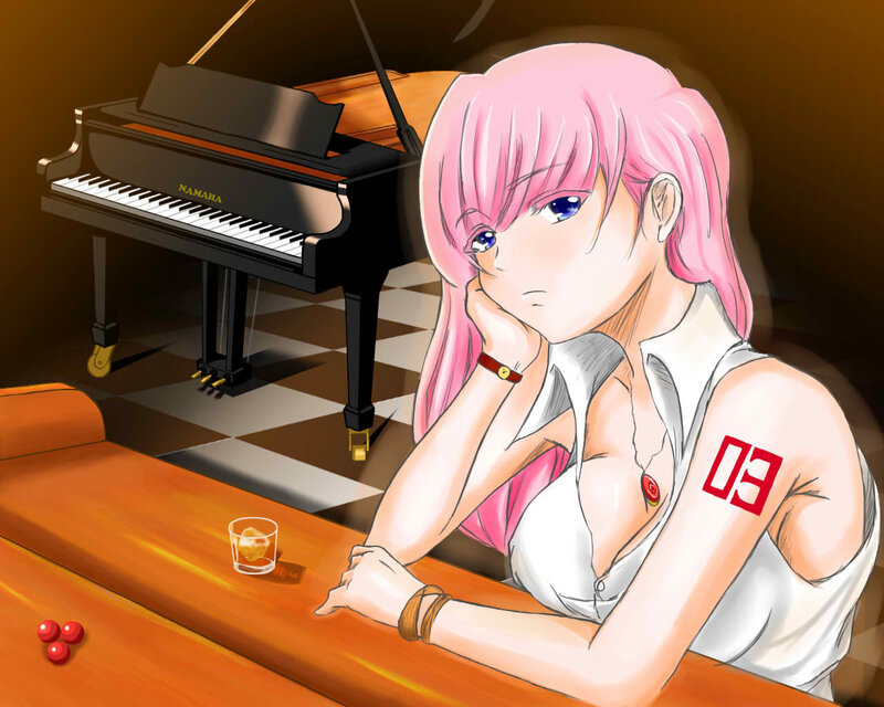 Pink-haired girl at piano