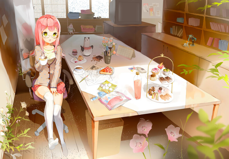 Pink-haired Girl at Table — Pink
