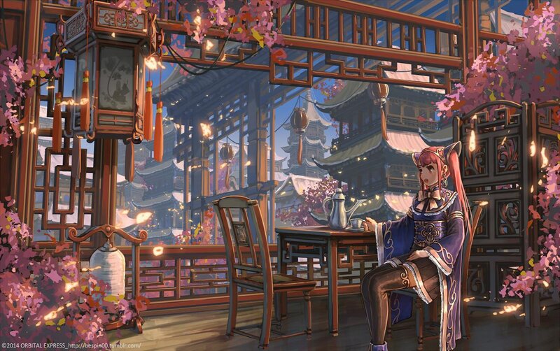 Pink-haired Girl at Table — Purple