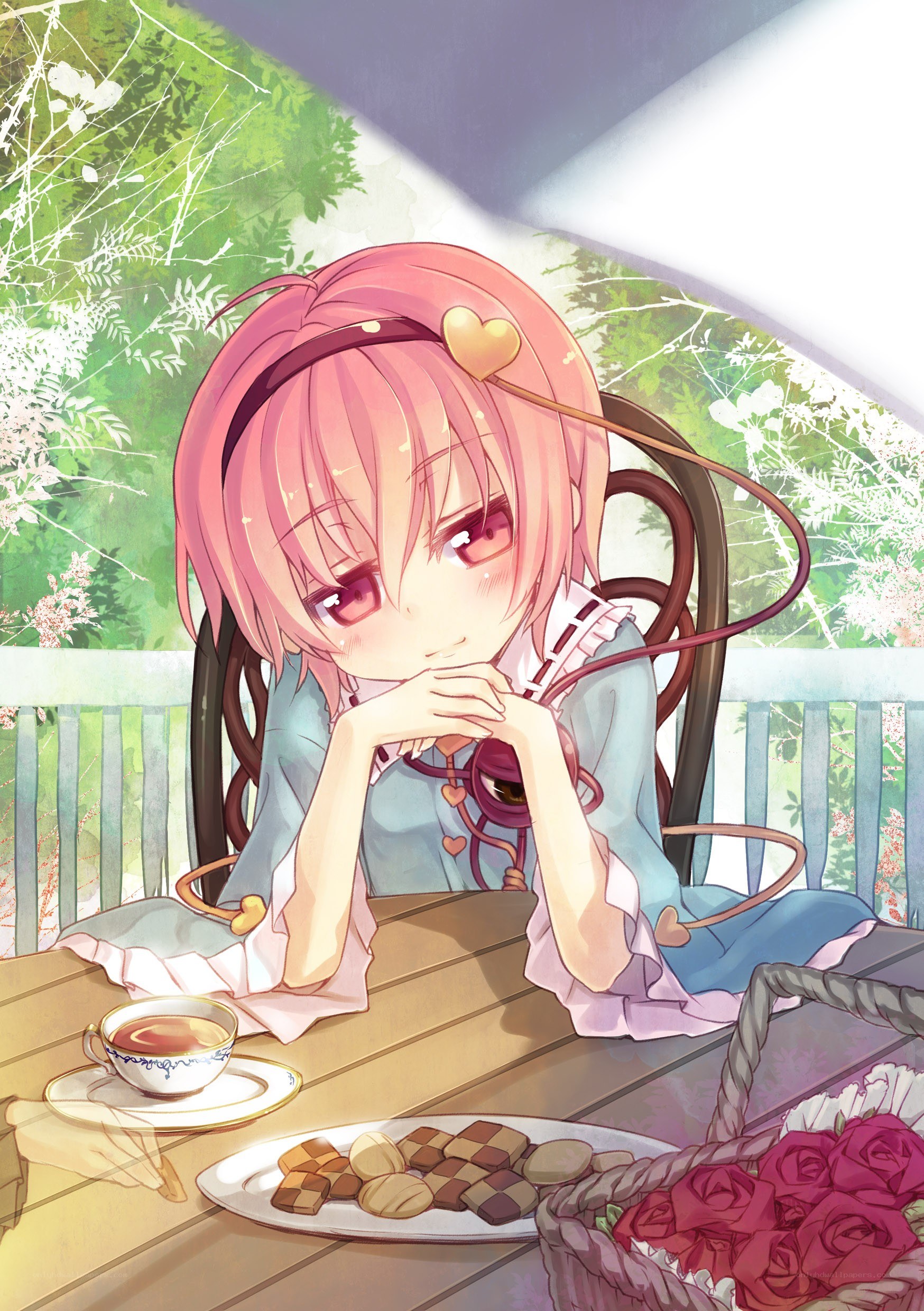 Pink-haired girl at tea party