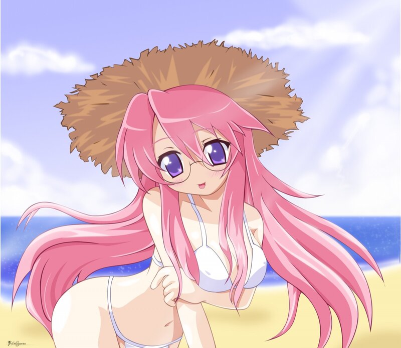pink-haired girl at the beach