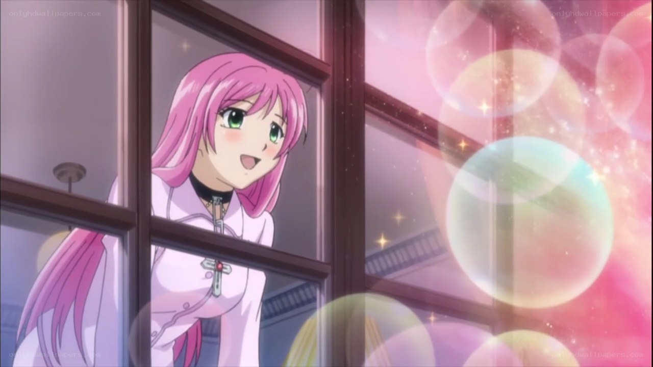 pink-haired girl at window