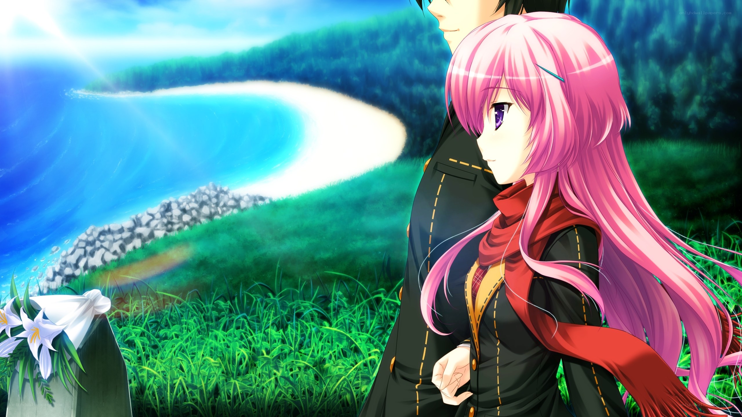 pink-haired girl by the sea