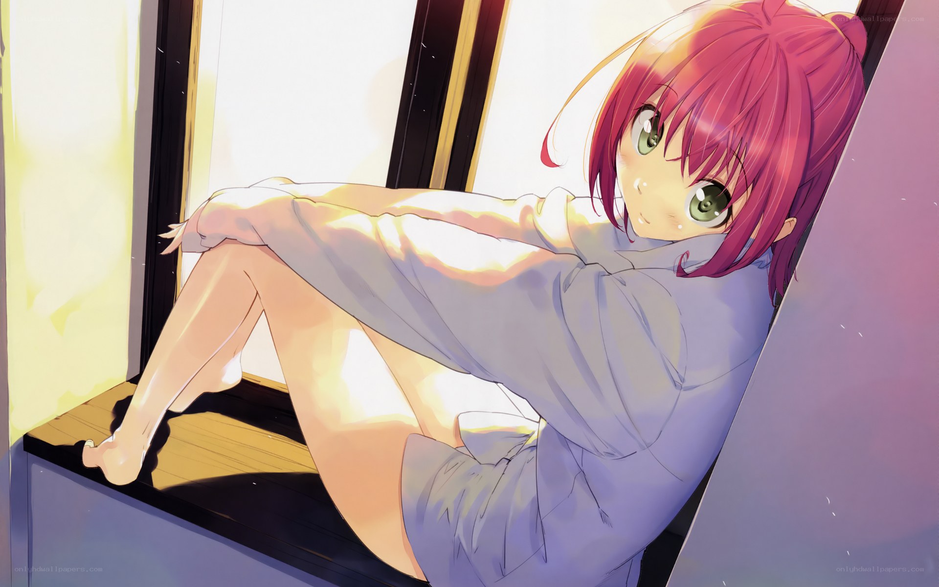 pink-haired girl by the window