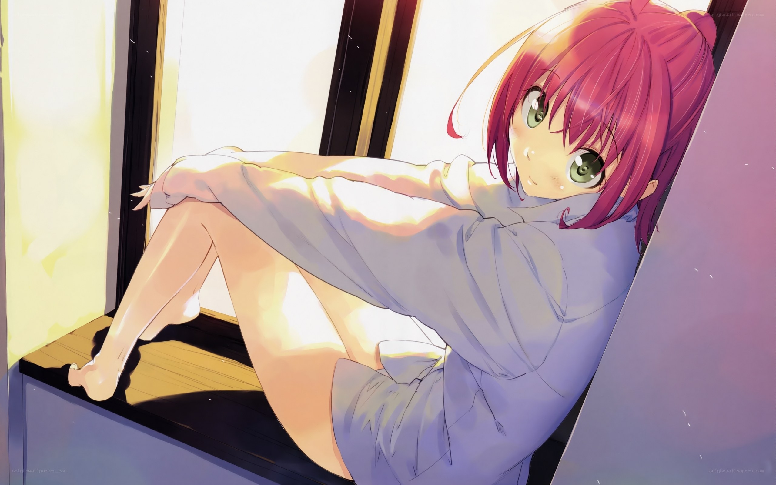 pink-haired girl by window