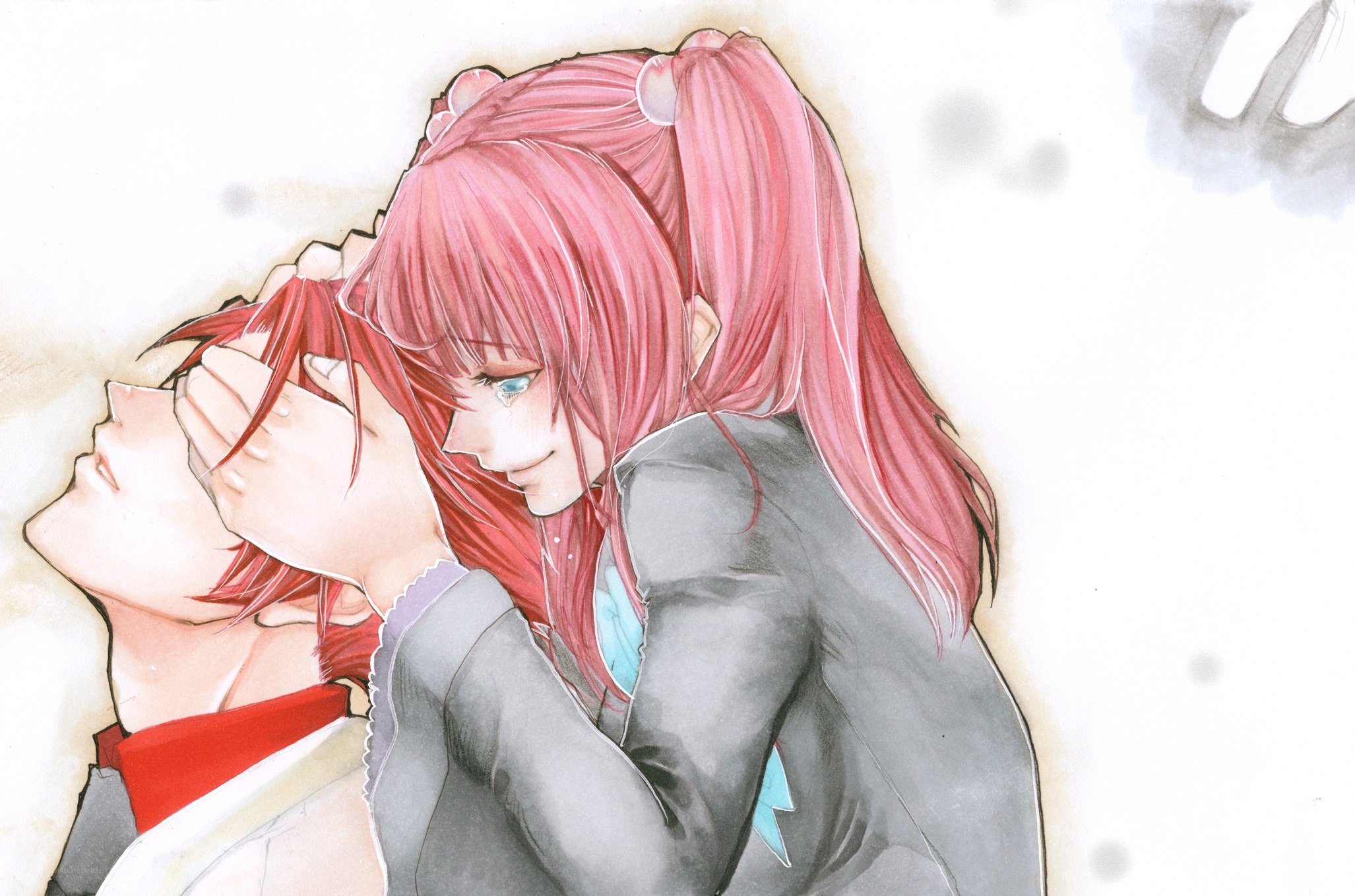 pink-haired girl comforting another