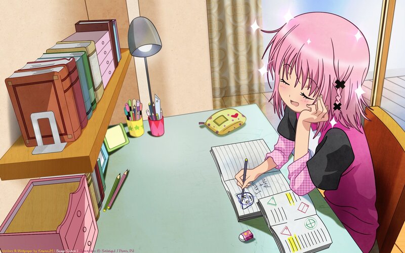 pink-haired girl drawing at desk
