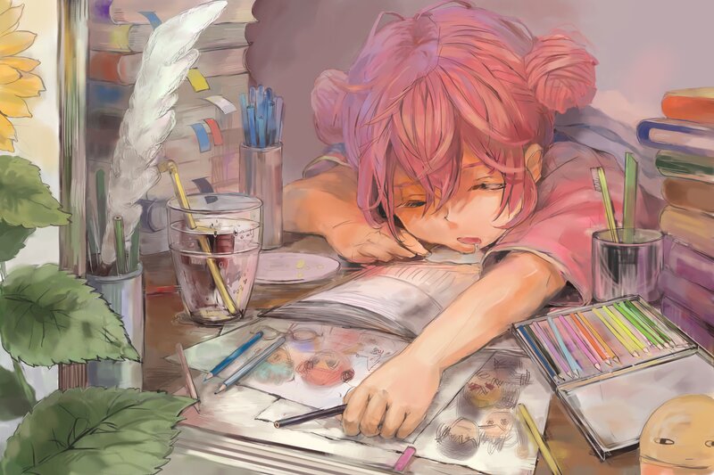 Pink-haired Girl Drawing — Pink, Calm