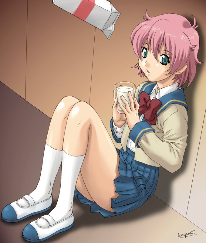Pink-haired girl drinking milk