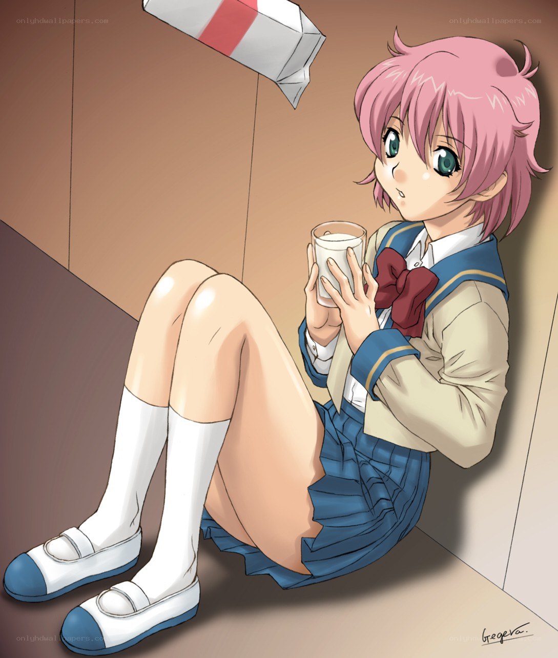 Pink-haired girl drinking milk