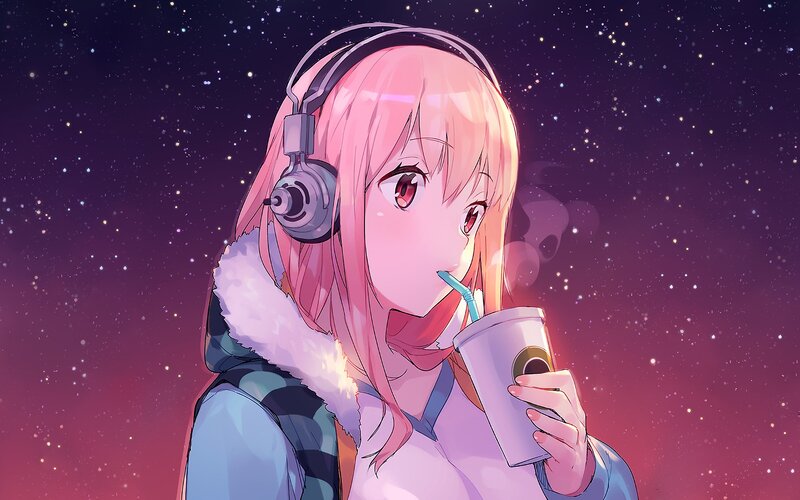 Pink-haired Girl Drinking — Purple