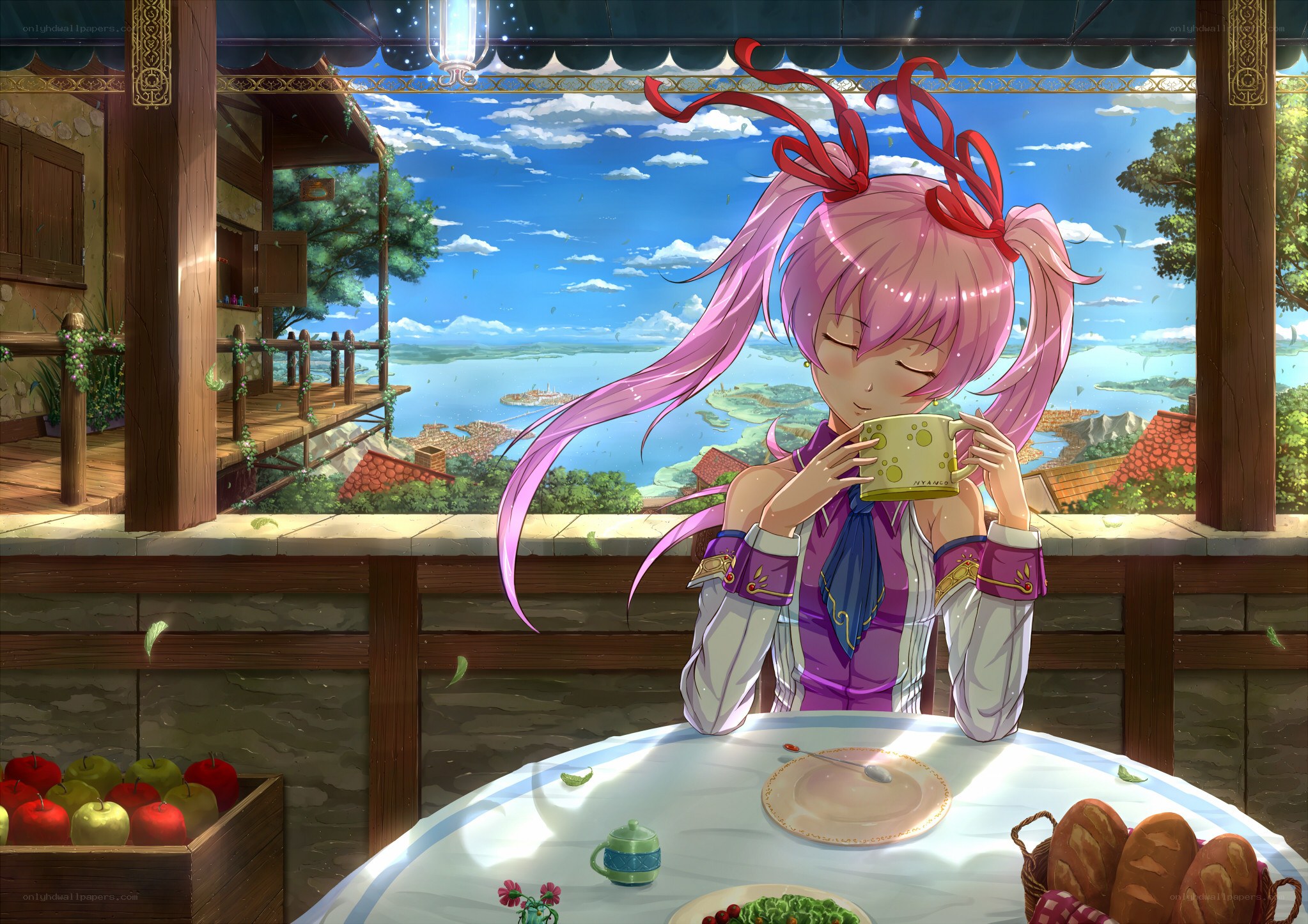 Pink-haired girl drinking tea