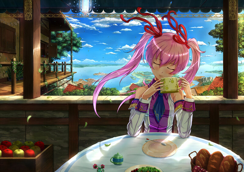 Pink-haired girl drinking tea