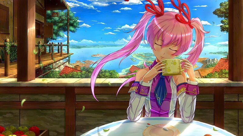 Pink-haired Girl Drinking Tea — Pink, Serene, Afternoon