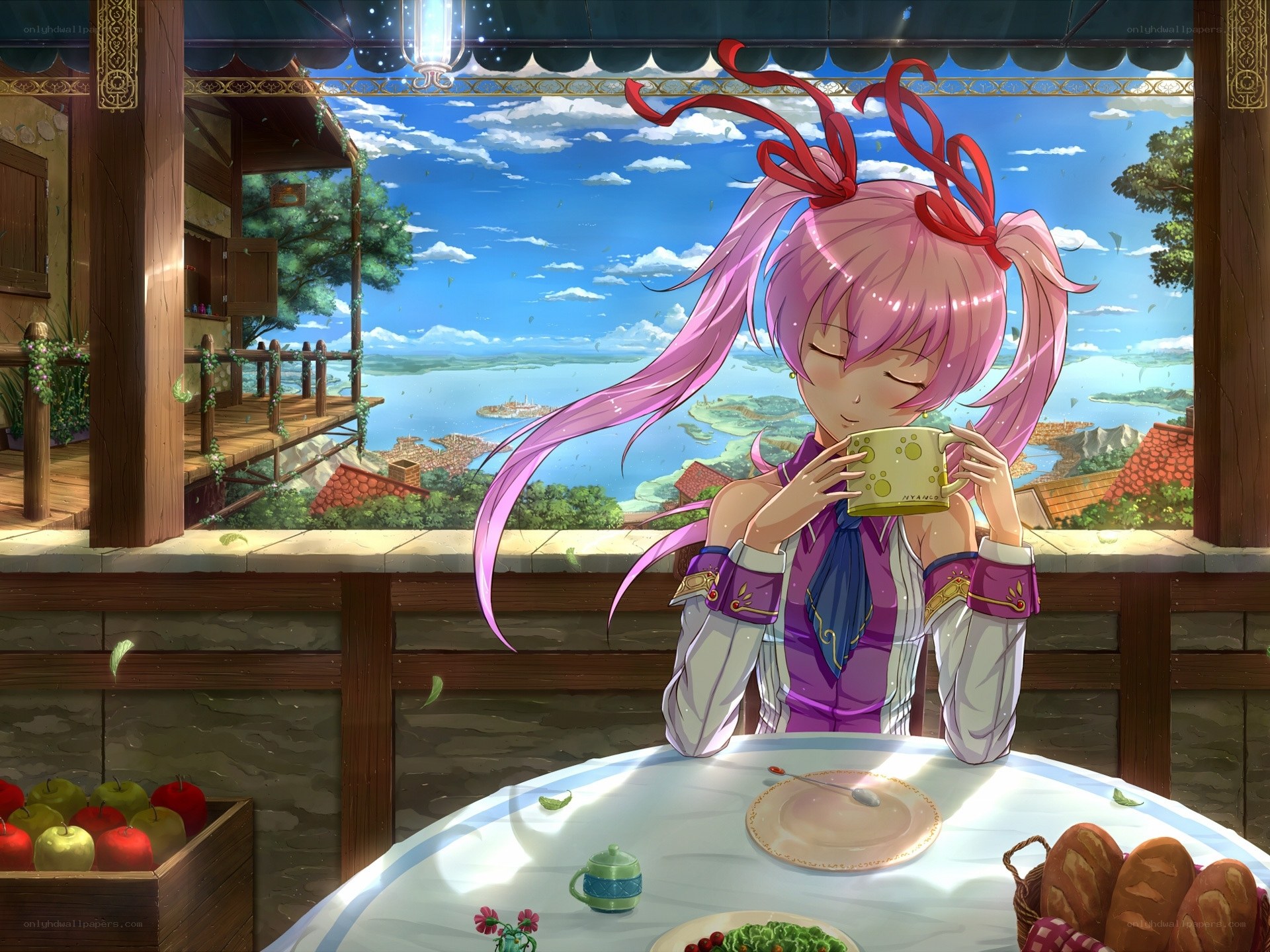 Pink-haired girl drinking tea