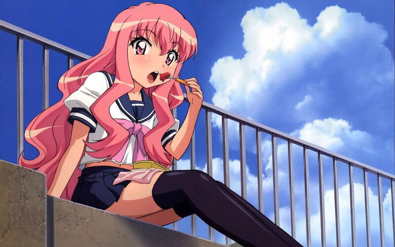 Pink-haired Girl Eating — Blue, Bright, Cheerful, Afternoon, Anime