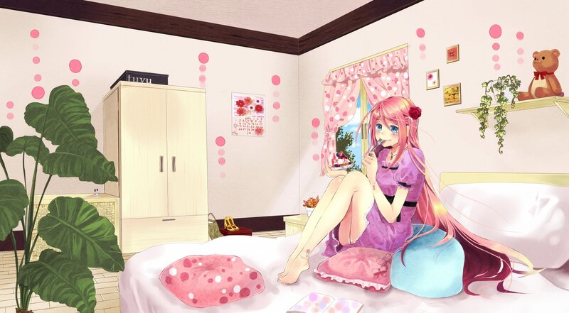Pink-haired Girl Eating Dessert — Pink